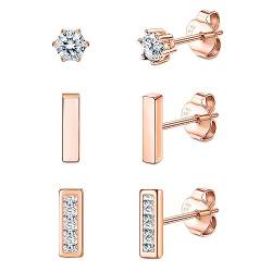 Sllaiss 3 Paar Ohrstecker aus 925er Sterlingsilber Set Klare Zirkonia-Ohrstecker Zierliche Rundstab-Ohrstecker für Frauen 14 Karat Gold Roségold Weißvergoldeter Schmuck Rosegold von Sllaiss