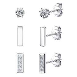 Sllaiss 3 Paar Ohrstecker aus 925er Sterlingsilber Set Klare Zirkonia-Ohrstecker Zierliche Rundstab-Ohrstecker für Frauen 14 Karat Gold Roségold Weißvergoldeter Schmuck Silber von Sllaiss