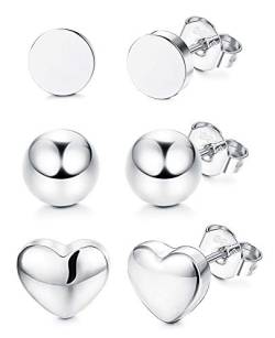 Sllaiss 3 Paare 925 Sterling Silber Ohrstecker Set für Frauen Punkt Kugel Ohrstecker Herz Ohrstecker Minimalistisch Ohrringe von Sllaiss