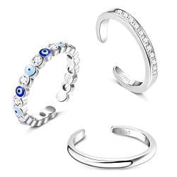 Sllaiss Böser Auge Zehenring für Frauen 3 Stücke 925 Sterling Silber Zehenring Set Zirkonia Zehenring Verstellbar Öffnen Zehenring Sommer Fußschmuck Silber von Sllaiss