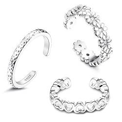 Sllaiss Zehenring für Frauen 925 Sterling Silber Band Zehenring 3 Stücke Herz Blume Hohlt Zehenringe Öffnen Verstellbar Zehenringe Sommer Fußschmuck Set A von Sllaiss