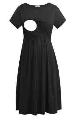 Smallshow Damen Lässiges Kurzarm Stillkleid Umstandskleid für Stillen Black Large von Smallshow