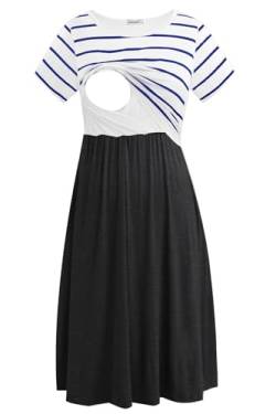 Smallshow Damen Lässiges Kurzarm Stillkleid Umstandskleid für Stillen White Stripe/Deep Grey Medium von Smallshow