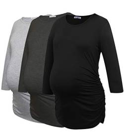 Smallshow Damen Schwanger Mutterschaft Oberteile 3/4 Ärmel Umstandsshirts Schwangere Tops Schwangerschafts Umstandstop 3er Pack,Black/Deep Grey/Light Grey,M von Smallshow