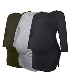 Smallshow Damen Schwanger Mutterschaft Oberteile 3/4 Ärmel Umstandsshirts Schwangere Tops Schwangerschafts Umstandstop 3er Pack,Black/Grey/Army Green,S von Smallshow