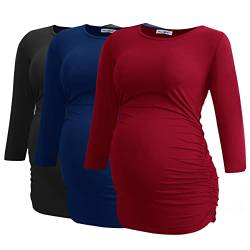 Smallshow Damen Schwanger Mutterschaft Oberteile 3/4 Ärmel Umstandsshirts Schwangere Tops Schwangerschafts Umstandstop 3er Pack,Black/Navy/Wine,M von Smallshow