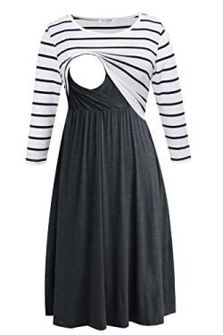 Smallshow Damen Schwangerschaftskleid Umstandsmode Kleide Umstandskleide Stillkleide White Stripe-Deep Grey XL von Smallshow