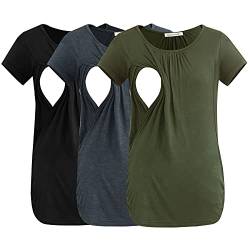 Smallshow Damen Still-Tops, gerüscht, kurzärmelig, Still-Shirt, 3er-Pack, Armeegrün-schwarz-tiefgrau, Groß von Smallshow