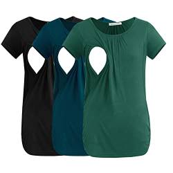 Smallshow Damen Still-Tops, gerüscht, kurzärmelig, Still-Shirt, 3er-Pack, Schwarz-Dunkelgrün-Blaugrün, Groß von Smallshow