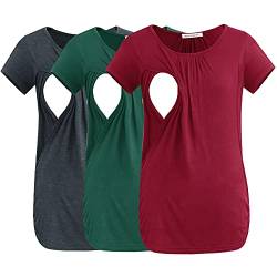 Smallshow Damen Still-Tops, gerüscht, kurzärmelig, Still-Shirt, 3er-Pack, Tiefgrün-tief-grau-weinrot, Mittel von Smallshow