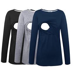 Smallshow Damen Still-Tops Bequemes Langarm Stillen T-Shirt Mittel Navy/Schwarz/Grau (Baumwolle) von Smallshow