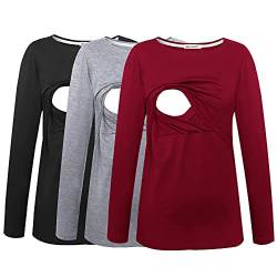 Smallshow Damen Still-Tops Bequemes Langarm Stillen T-Shirt X-Large Wein/Schwarz/Grau (Baumwolle) von Smallshow