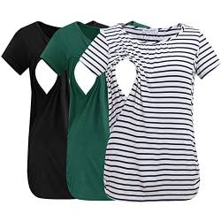 Smallshow Damen Still-Tops gerüscht Kurzarm Stillshirts 3er-Pack, Schwarz-tiefgrün-weiß gestreift, Klein von Smallshow