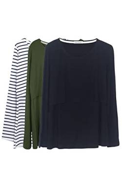 Smallshow Damen Stillshirt Langarm Umstandsshirt 3er Pack,Army Green/Black/White Stripe,L von Smallshow