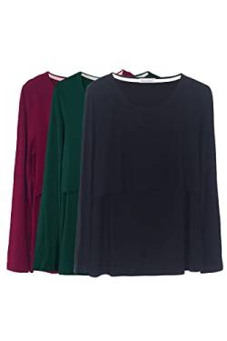 Smallshow Damen Stillshirt Langarm Umstandsshirt 3er Pack,Wine/Deep Green/Black,XL von Smallshow