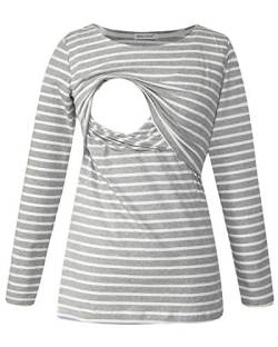 Smallshow Damen Stillshirt Umstandsmode T-Shirt Umstandstop Umstandsshirt Schwangerschaft Kleidung Stilltop Langarmshirt Grey Stripe L von Smallshow