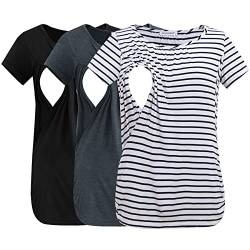 Smallshow Damen Stilltops gerüscht Kurzarm Stillshirts 3er-Pack, Schwarz-tief-grau-weiß gestreift, Klein von Smallshow