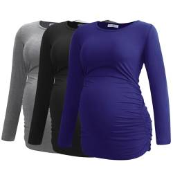 Smallshow Damen Umstands-Shirts Langarm Schwangerschaft Kleidung Tops 3er-Pack, Schwarz/Hellgrau/Marineblau, X-Groß von Smallshow