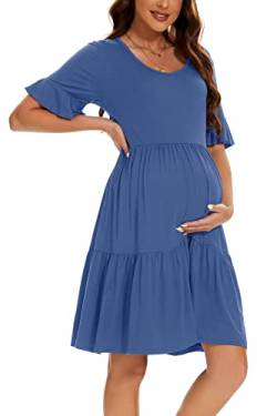 Smallshow Damen Umstandskleid Kurzarm Sommer Schwangerschafts Umstandsmode Kleid Grey Blue L von Smallshow