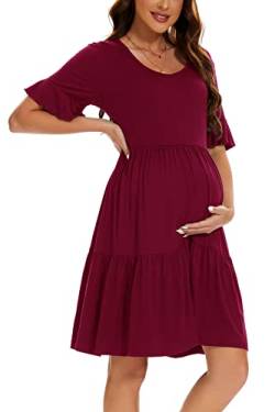 Smallshow Damen Umstandskleid Kurzarm Sommer Schwangerschafts Umstandsmode Kleid Wine XXL von Smallshow