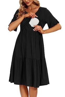 Smallshow Damen Stillkleid Kurzarm Rüschen Umstandskleid Umstandsmode,Black,XL von Smallshow