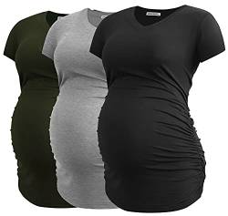 Smallshow Damen Umstandstop V Hals Schwangerschaft Seite Geraffte Umstandskleidung Tops T Shirt 3 Pack,Army Green-Black-Light Grey,2XL von Smallshow