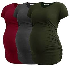 Smallshow Damen Umstandstop V Hals Schwangerschaft Seite Geraffte Umstandskleidung Tops T Shirt 3 Pack,Army Green-Deep Grey-Wine,S von Smallshow