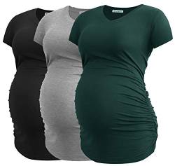 Smallshow Damen Umstandstop V Hals Schwangerschaft Seite Geraffte Umstandskleidung Tops T Shirt 3 Pack,Black-Deep Green-Light Grey,L von Smallshow