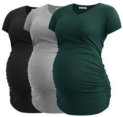 Smallshow Damen Umstandstop V Hals Schwangerschaft Seite Geraffte Umstandskleidung Tops T Shirt 3 Pack,Black-Deep Green-Light Grey,XL von Smallshow