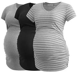Smallshow Damen Umstandstop V Hals Schwangerschaft Seite Geraffte Umstandskleidung Tops T Shirt 3 Pack,Black-Light Grey-Light Grey Stripe,2XL von Smallshow