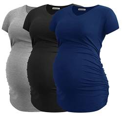 Smallshow Damen Umstandstop V Hals Schwangerschaft Seite Geraffte Umstandskleidung Tops T Shirt 3 Pack,Black-Light Grey-Navy,2XL von Smallshow