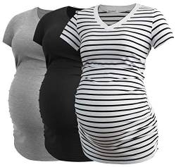 Smallshow Damen Umstandstop V Hals Schwangerschaft Seite Geraffte Umstandskleidung Tops T Shirt 3 Pack,Black-Light Grey-White Stripe,M von Smallshow