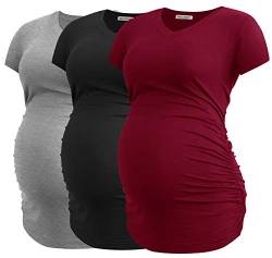Smallshow Damen Umstandstop V Hals Schwangerschaft Seite Geraffte Umstandskleidung Tops T Shirt 3 Pack,Black-Light Grey-Wine,L von Smallshow