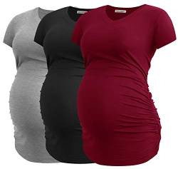 Smallshow Damen Umstandstop V Hals Schwangerschaft Seite Geraffte Umstandskleidung Tops T Shirt 3 Pack,Black-Light Grey-Wine,S von Smallshow