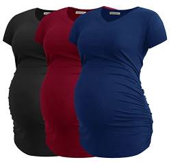 Smallshow Damen Umstandstop V Hals Schwangerschaft Seite Geraffte Umstandskleidung Tops T Shirt 3 Pack,Black-Navy-Wine,2XL von Smallshow