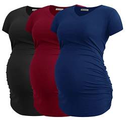 Smallshow Damen Umstandstop V Hals Schwangerschaft Seite Geraffte Umstandskleidung Tops T Shirt 3 Pack,Black-Navy-Wine,L von Smallshow