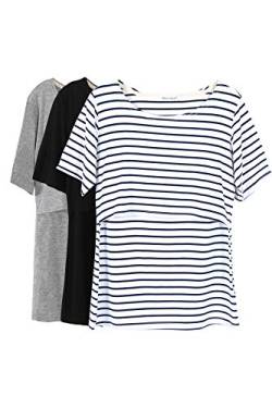 Smallshow Stillshirt Umstandstop T-Shirt Überlagertes Design Umstandsshirt Schwangerschaft Kleidung Mutterschafts Kurzarm Shirt,Black/Grey/White Stripe,2XL von Smallshow