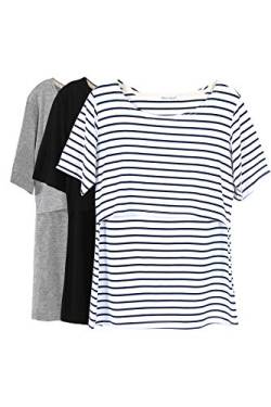 Smallshow Stillshirt Umstandstop T-Shirt Überlagertes Design Umstandsshirt Schwangerschaft Kleidung Mutterschafts Kurzarm Shirt,Black/Grey/White Stripe,L von Smallshow