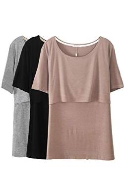 Smallshow Stillshirt Umstandstop T-Shirt Überlagertes Design Umstandsshirt Schwangerschaft Kleidung Mutterschafts Kurzarm Shirt,Brown/Black/Grey,XL von Smallshow