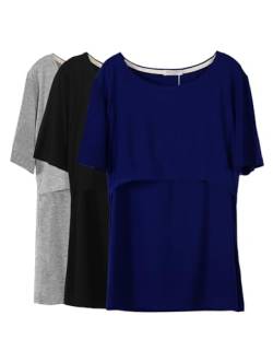 Smallshow Stillshirt Umstandstop T-Shirt Überlagertes Design Umstandsshirt Schwangerschaft Kleidung Mutterschafts Kurzarm Shirt,Deep Blue/Black/Grey,2XL von Smallshow