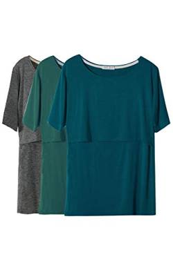 Smallshow Stillshirt Umstandstop T-Shirt Überlagertes Design Umstandsshirt Schwangerschaft Kleidung Mutterschafts Kurzarm Shirt,Deep Green-Deep Grey-Teal,L von Smallshow