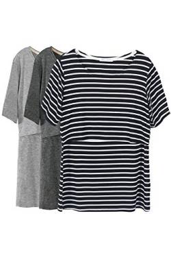 Smallshow Stillshirt Umstandstop T-Shirt Überlagertes Design Umstandsshirt Schwangerschaft Kleidung Mutterschafts Kurzarm Shirt,Dim Grey-Grey-Black Stripe,L von Smallshow