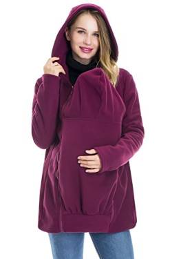 Smallshow Tragejacke für Baby, 3 IN 1 Kängurujacke aus Fleece, Umstandsjacke mit Reißverschluss, Mutterschaft Hoodie Wine XL von Smallshow