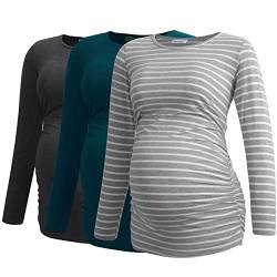 Smallshow Women's Umstandsmode Lange ärmel Umstandsshirt Maternity Tops 3er Pack,Deep Grey-Teal-Light Grey Stripe,2XL von Smallshow