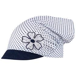 Kopftuch Mütze Schirmmütze Mädchen Sommer Baumwolle Punkte Blume, Größe: 48/50, Farbe: Dunkelblau-Weiß von Smarilla