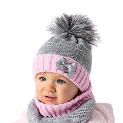 Smarilla Baby Mädchen Winter Mütze Set Loop Schlauchschal Bommel Strick Größe 44/46, Farbe: Grau-Rosa von Smarilla