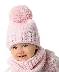 Smarilla Baby Mädchen Winterset Mütze Strickmütze Bommelmütze Loop Schal, Farbe: Hellrosa, Größe: 50-52 von Smarilla