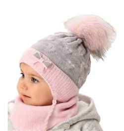 Smarilla Baby Winter Mütze Mädchen Bindemütze Strickmütze mit Dreiecktuch Schal, Größe: 44-46, Farbe: Rosa-Grau von Smarilla