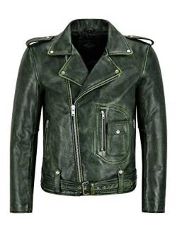 Smart Range Leather Herren Biker Lederjacke Grün vintage Brando Style Dickes Rindsleder Reitjacke Aster (2XL) von Smart Range Leather