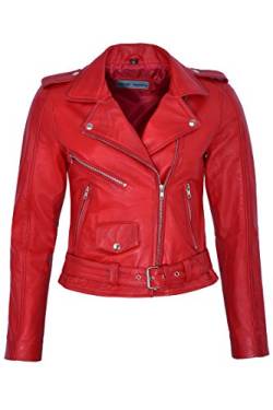 Bright Star Damen Brando Biker-Stil Echtleder Taillierte hohe Taille Reißverschluss Jacke Gr. 44, rot von Smart Range
